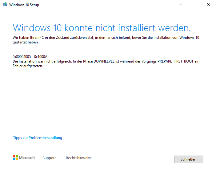 Fehlermeldung beim Windows 10 update