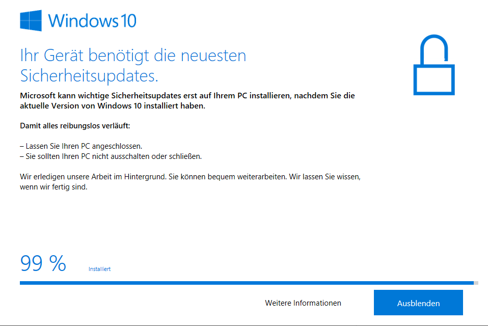 Windows 10 Upgrade 9252 bleibt bei 99% stehen