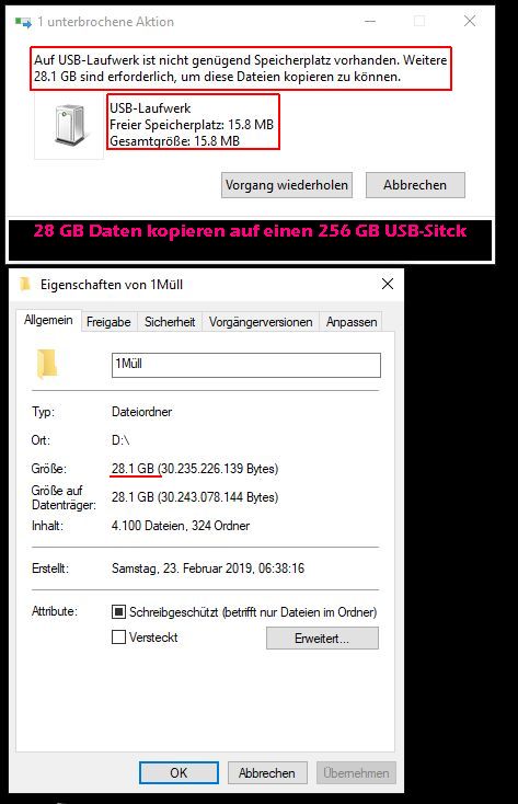 Statt 256GB Speichervolumen nur noch 15.8 MB