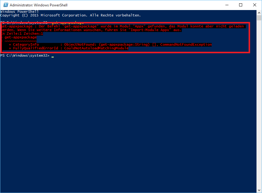 get-appxpackage funktioniert nicht