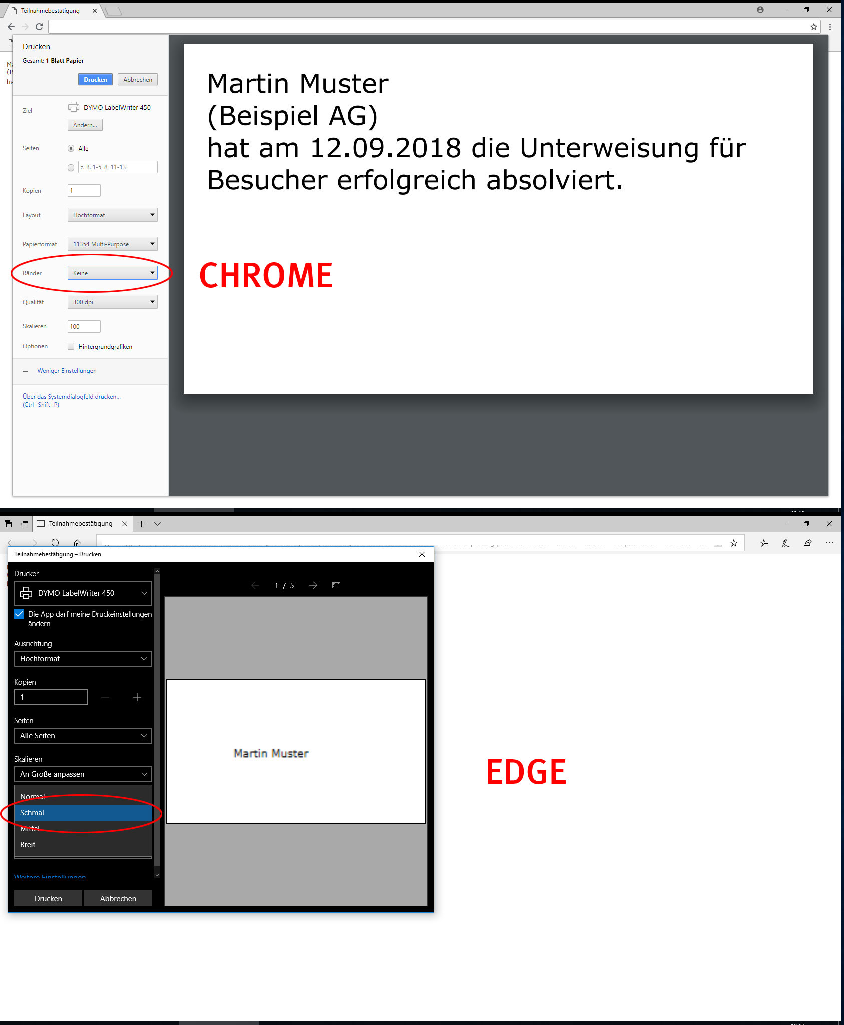 Randloses Drucken mit Edge bei HTML-Druck