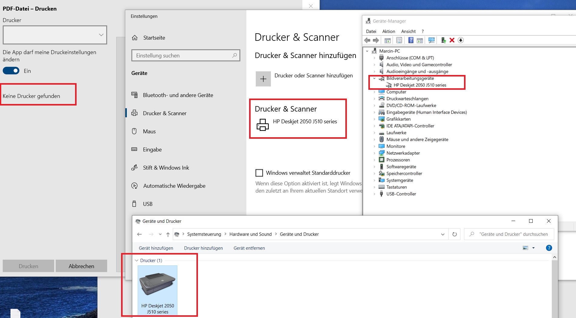 Drucker HP Deskjet 2050A wird als Drucker erkannt, jedoch kann ich diesen nicht als Drucker...