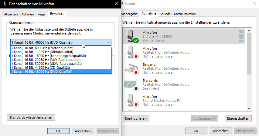 Ein einfaches Mikrofon Problem. Mikro stellt sich auf Telefonqualität um.