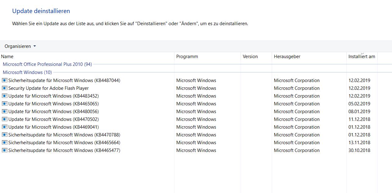 Updateverlauf wird gelöscht seit Update KB4487044
