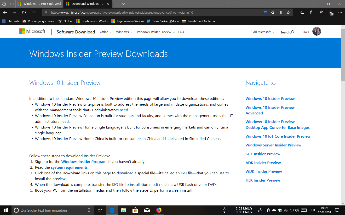 Windows 10 Pro 64Bit Version Insider Preview