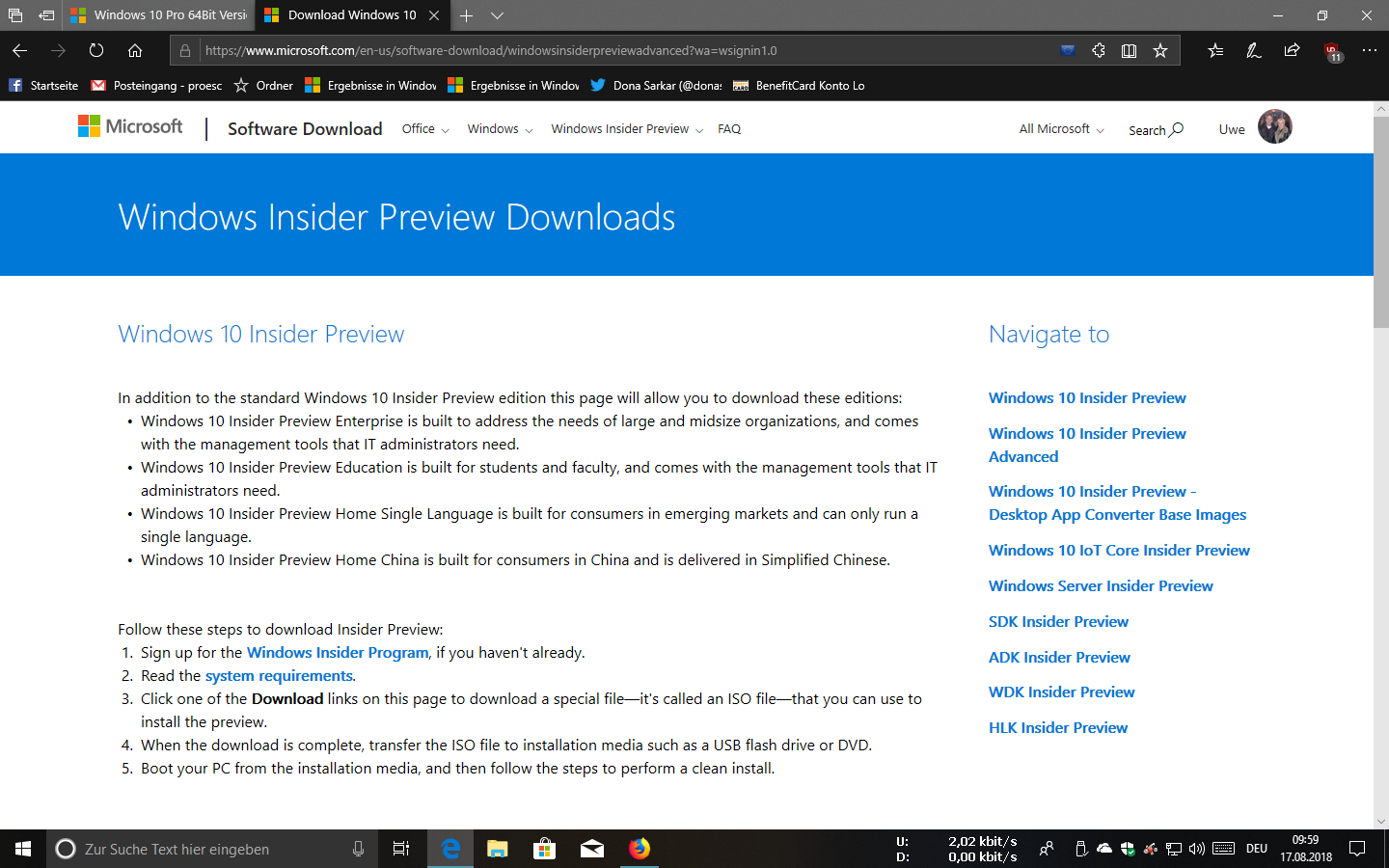 Windows 10 Pro 64Bit Version Insider Preview 180623