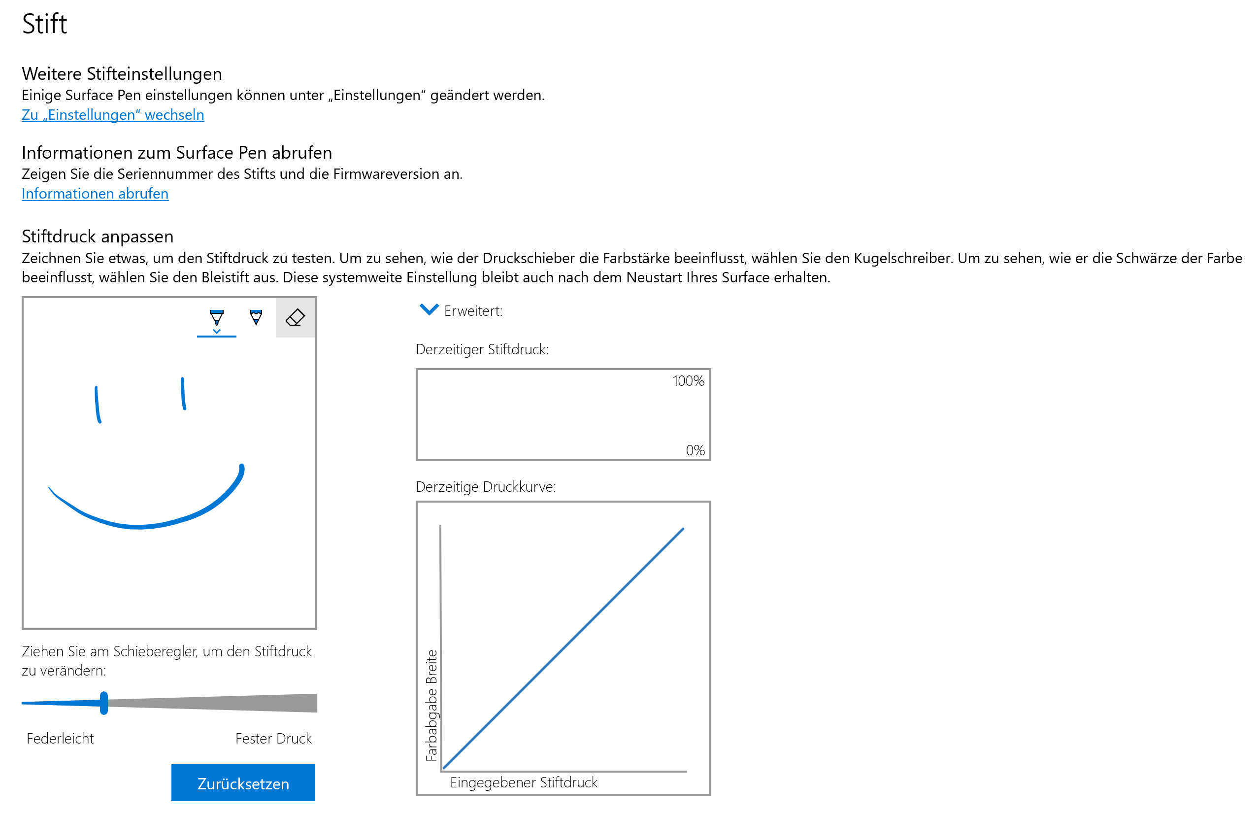 Druckempfindlichkeit Surface Pen - erweiterte Einstellungen