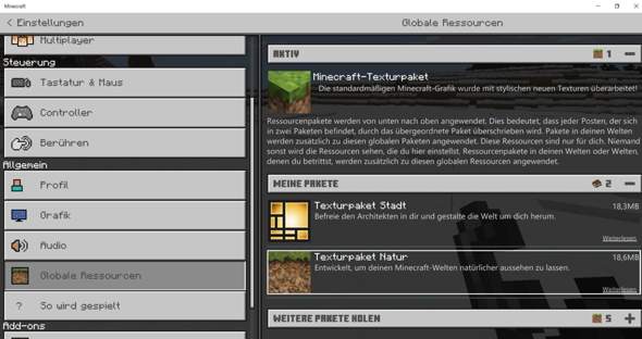 Ressourcen Texturpaket wählen Minecraft WIN 10?