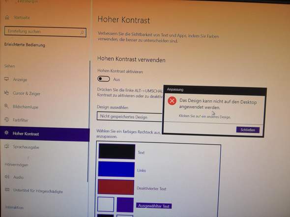 Windows 10 hohen Kontrast ausschalten geht nicht?