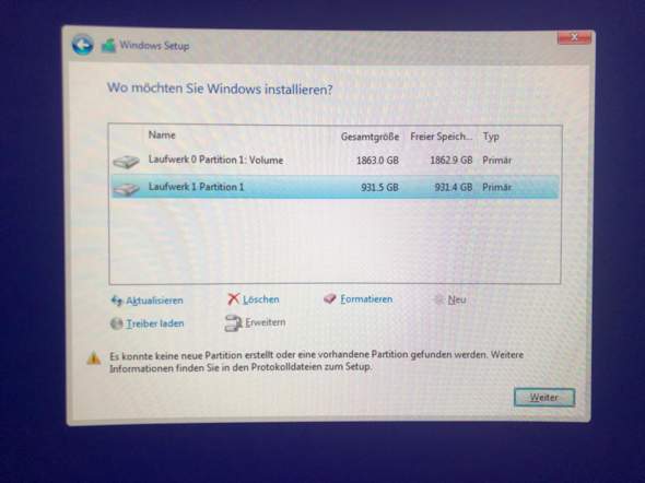 Windows 10 installation (keine Partition erstellt/gefunden) was kann ich tun?