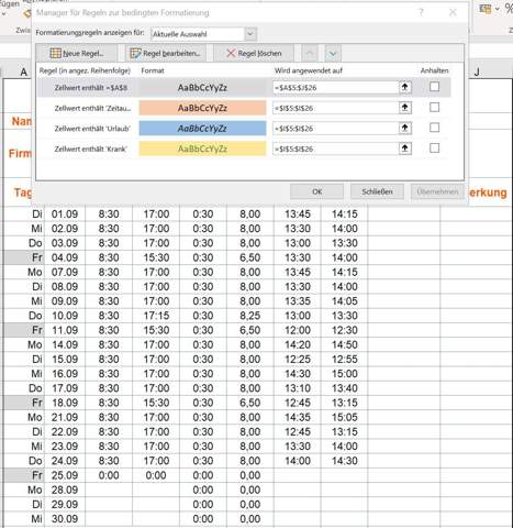 Excel. bedingte Formatierung, Fr, Sa, So?