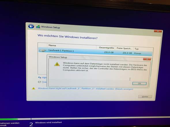 Windows Installation über usb - Kann nicht auf Datenträger installiert werden?