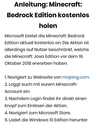 Minecraft Bedrock kostenlos?