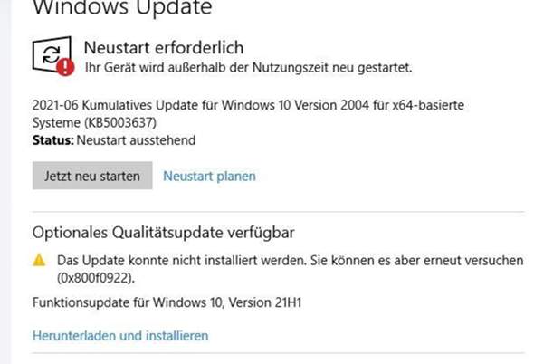 Windows Updateprobleme mit Update KB5003637?