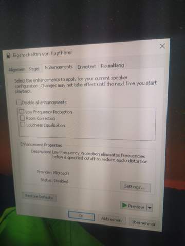 Meine Bass Boost Einstellung fehlt bei Windows obwohl ich die Enhancements sehe?