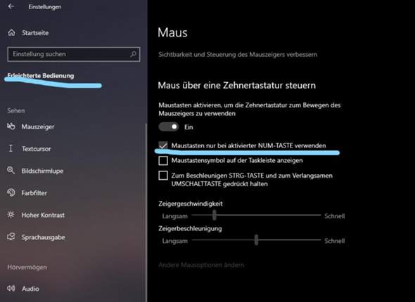 Numpad in Windows Einstellungen aktivieren?