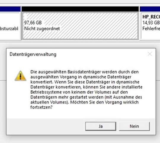 Windows 10:  Nach dem Erstellen einer weiteren Partition in der Datenträgerverwaltung kann...