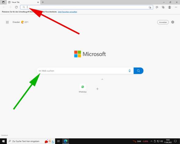 Microsoft Edge:  Wie bekomme ich nach Programmstart den Cursor in die Suchleiste "Im Web...