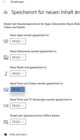 Windows 10: "Speicherort für neuen Inhalt ändern" bietet nur Laufwerk C: am?