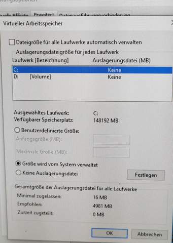 Windows 10 übernimmt Einstellung (Virtueller Arbeitsspeicher) nicht?