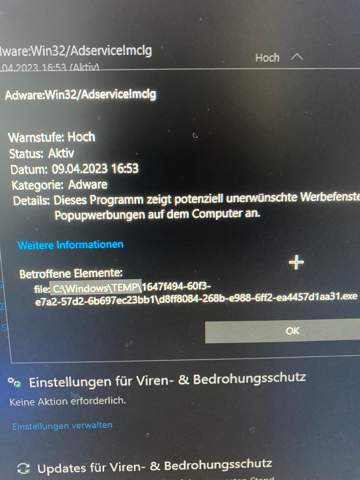 Windows defender erkennt adware obwohl keine da ist?