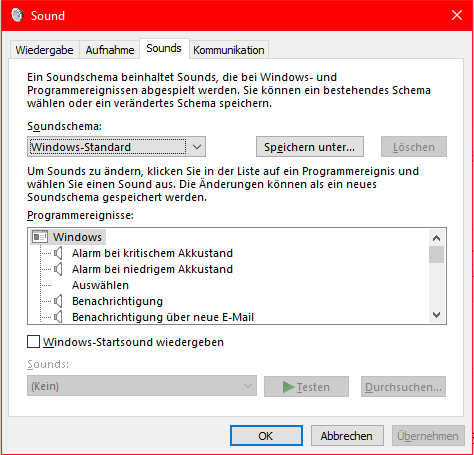 WIndows 10 Sounds-EInstellungen hängen sich beim Reiter Aufnahme auf?