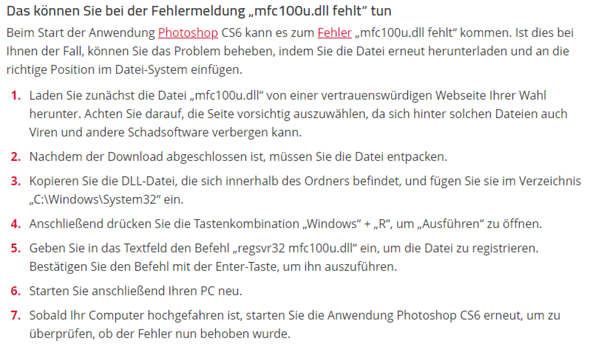 mfc100u.dll fehlt und das Problem lässt sich nicht beheben?