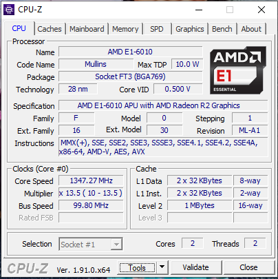 AMD E1-6010 APU with AMD Radeon R2 Graphics, 1350 MHz, 2 Kern(e), 2 logische(r)...