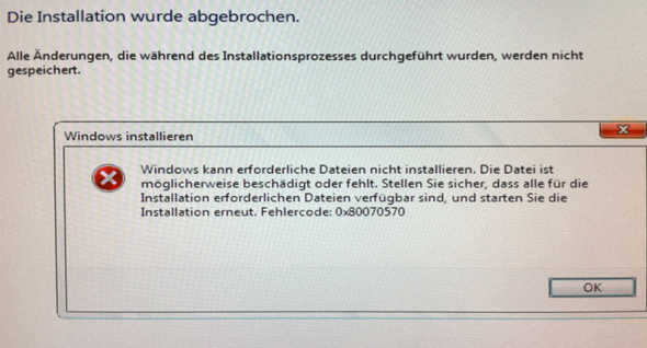 Windows-10-Installation Fehlermeldung "Windows kann erforderliche Dateien nicht installieren"?