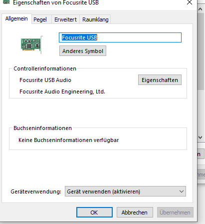 Focusrite Scarlett 2i2 USB "Keine Buchseninformationen verfügbar"?