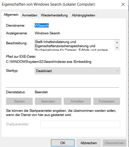 Windows indizierung deaktviert wird aber trozdem ausgeführt?