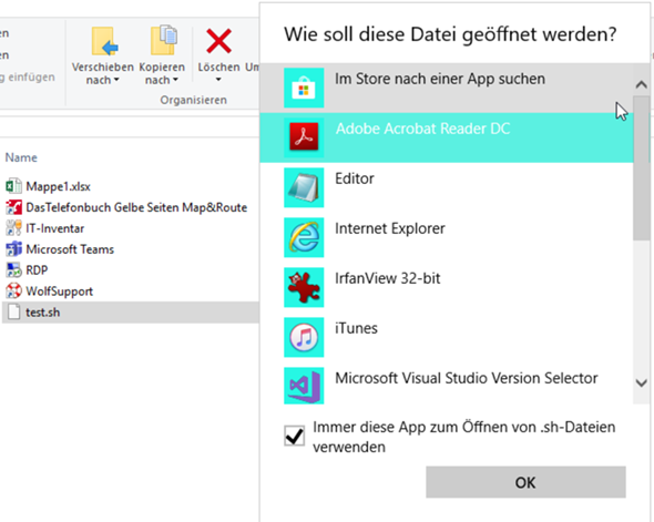 .sh-Datei wird standardmäßig mit Editor geöffnet, wie zurücksetzen?