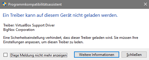 Windows 10: VirtualBox Support Driver Fehlermeldung. Wie beheben?