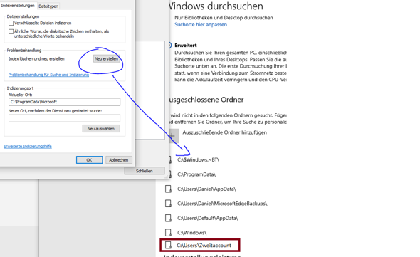 Windows-Indizierung fügt bei Neuerstelllung alte ausgeschlossene, nicht mehr vorhandene...