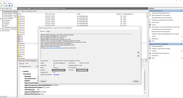 Ereignisanzeige zeigt dieses komische Ereignis an, nennt sich "User Device Registration" ,...