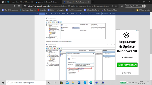 Aufforderung zum ändern des Passworts Deaktivierung an Windows 10?