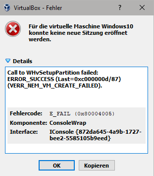 Virtualbox Maschine startet nicht?