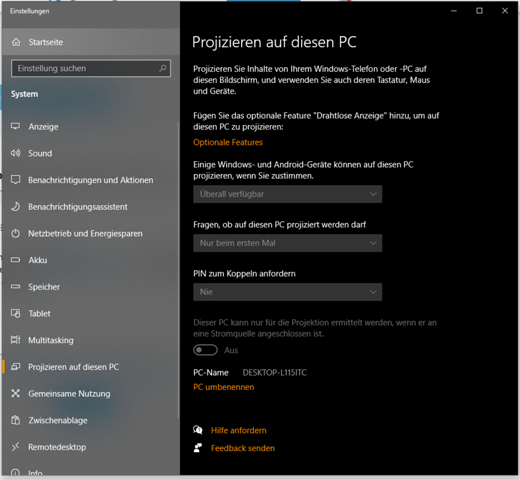 Wie kann ich "Projizieren auf diesen PC" benutzen?