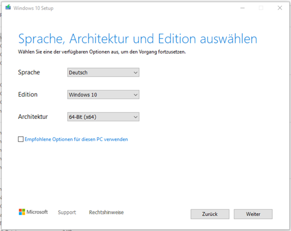 Warum kann ich nicht Windows 10 Pro für das Media Creation Tool auswählen?