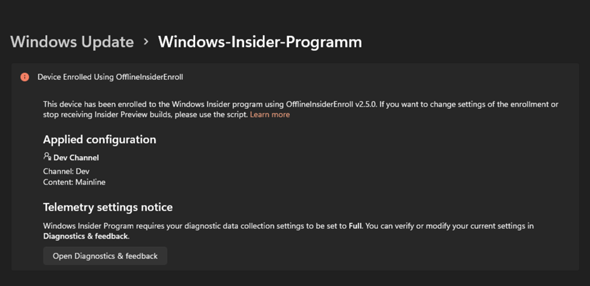 Von OfflineInsiderEnroll zu Windows 11 Microsoft Konto wechseln?