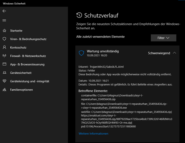 Windows Defender Virensoftware in Zip Datei erkannt?