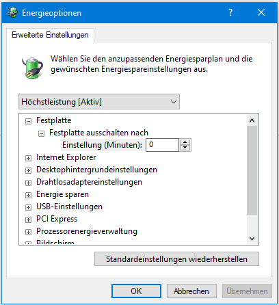 Windows Festplatte Energiespareinstellung?
