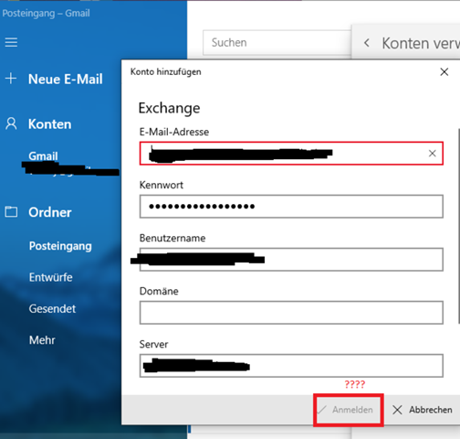 Anmelde-Taste ist nicht klickbar bei der Windows 10 Mail-App?