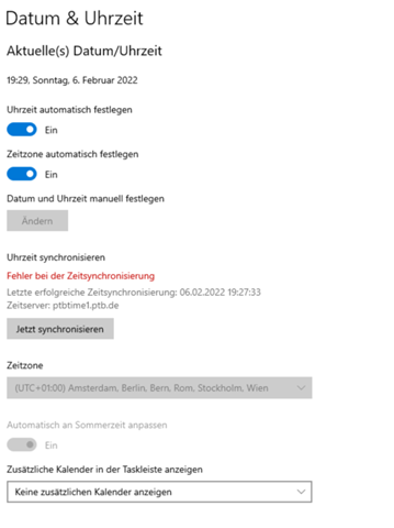 Uhrzeit Windows 10 stellt sich nicht automatisch?