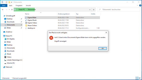 Windows 10 "Documents" Ordner im Datei Explorer spinnt?