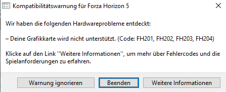 Forza Horizon 5 Fehlercode FH201 FH202 FH203 FH204?