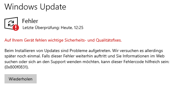 Windows 10 Update Fehler 0x800f0831?