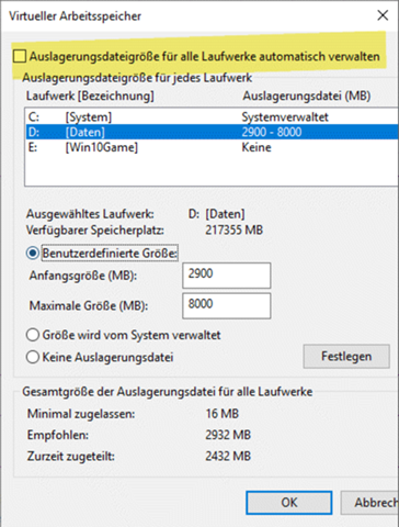 Windows Auslagerungsdatei wird automatisch nicht erweitert?