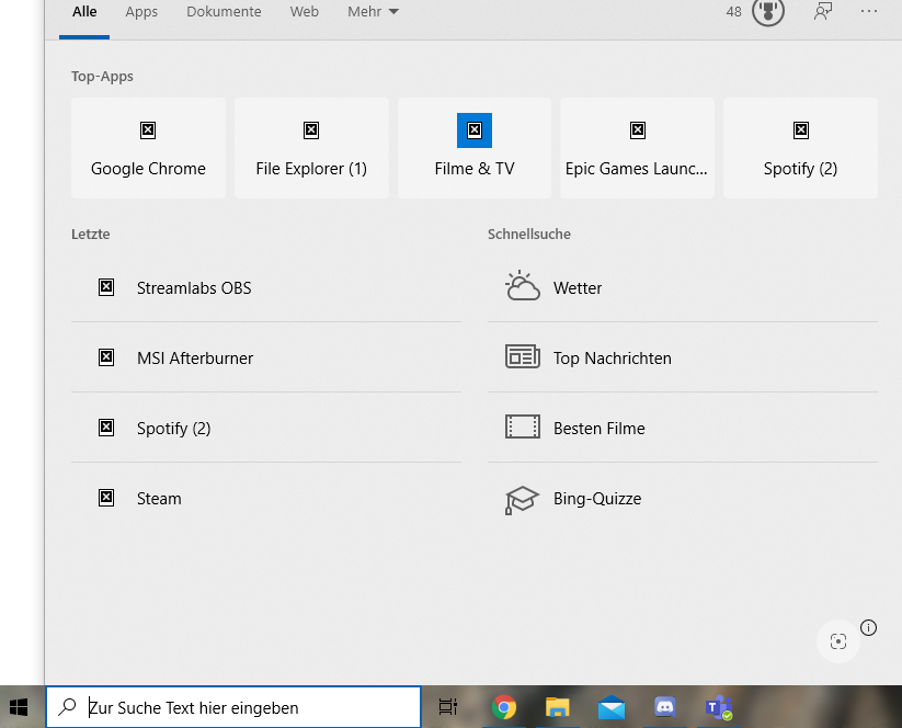 Verschwundene "Icons" in der Windows 10 Suche
