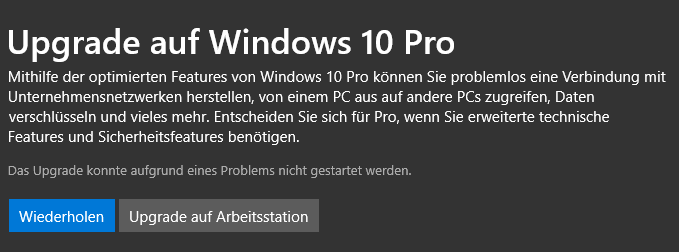 Upgrade auf Windows 10 Pro über den Microsoft Store funktioniert nicht